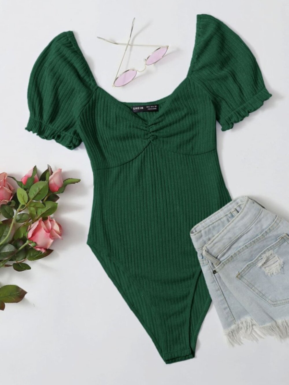 SHEIN Bodysuit Dark Teal Green Puff Short Sleeves Sweetheart Neckline Ruched